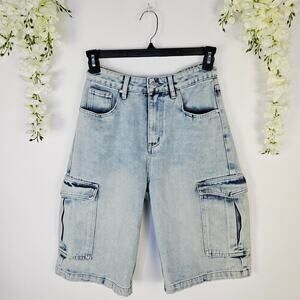 Rise Supply Co Size 7 Acid Wash Cargo Dad Jorts Y2K Utility Denim Streetwear